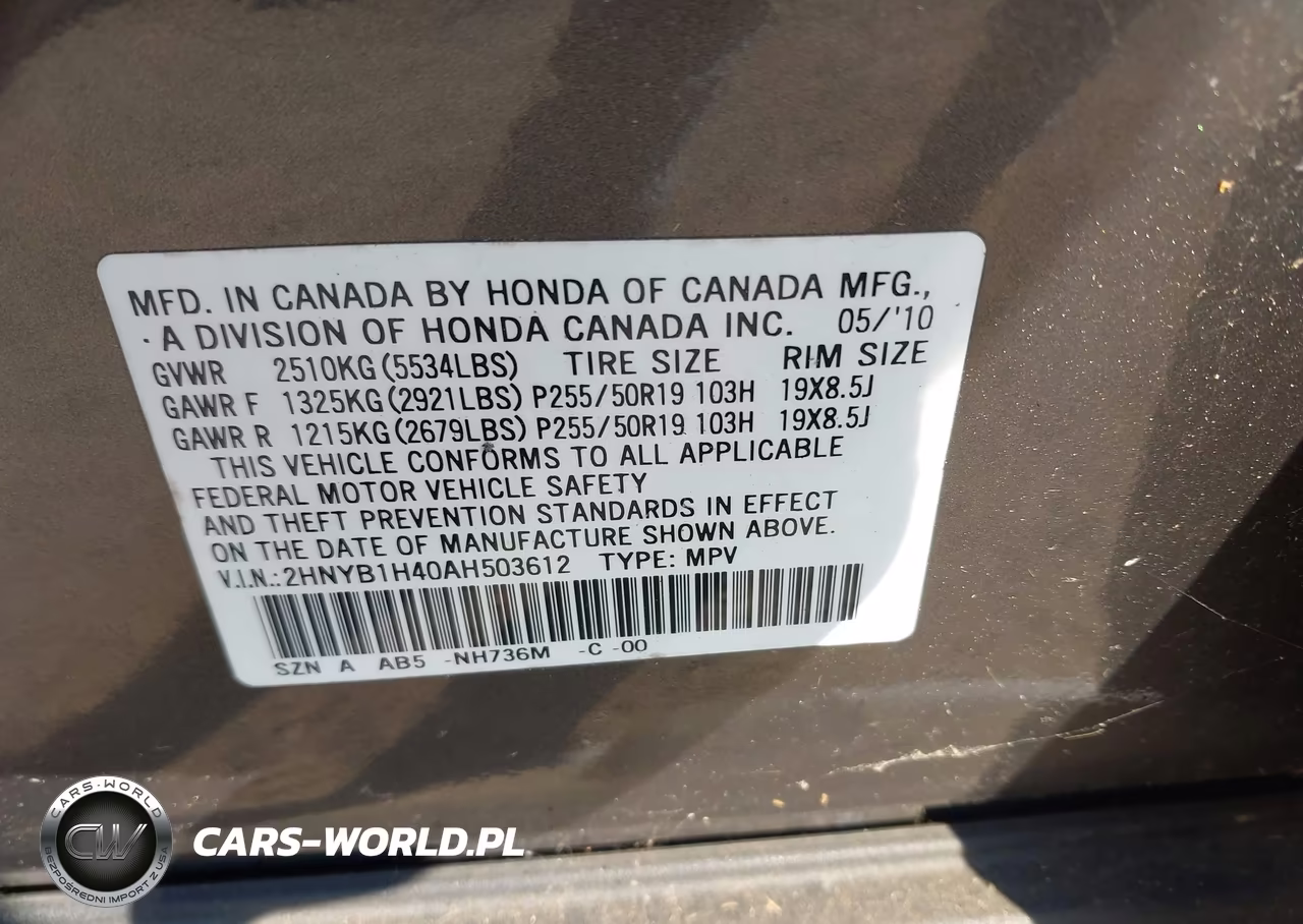 2010 Acura Zdx VIN:2HNYB1H40AH503612 - 9