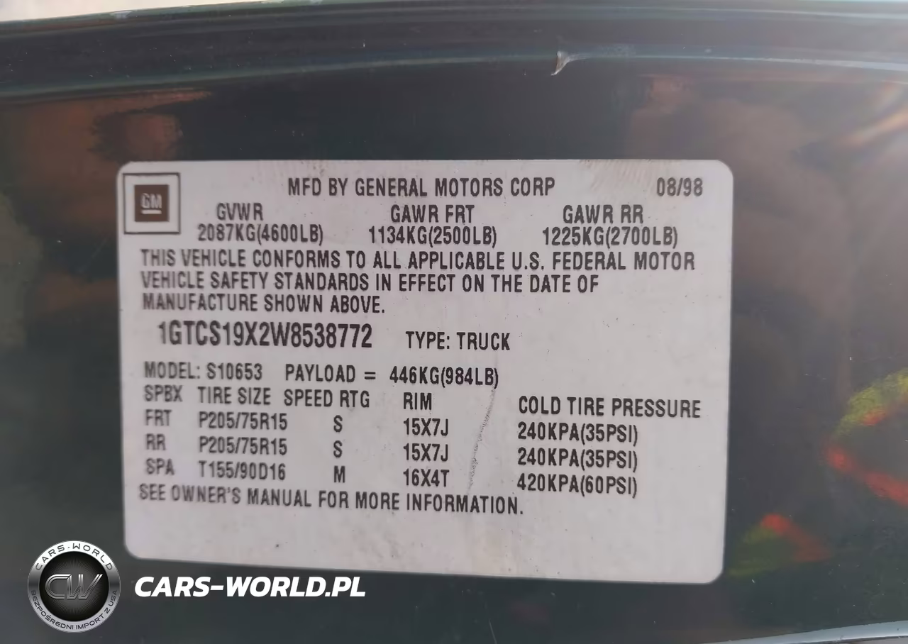 1998 GMC Sonoma Sls VIN:1GTCS19X2W8538772 - 9