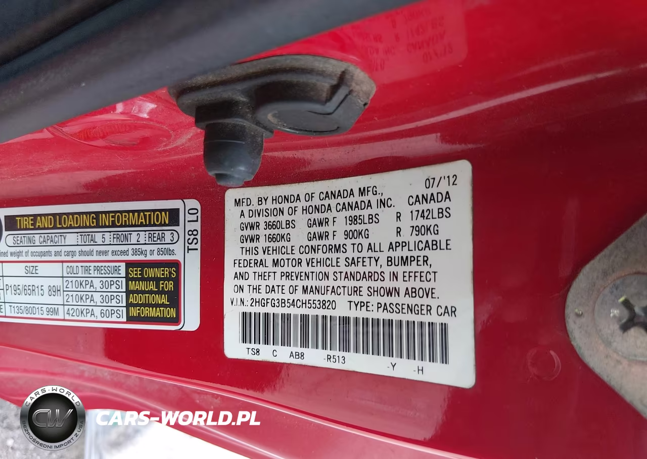 2012 Honda Civic Lx VIN:2HGFG3B54CH553820 - 9