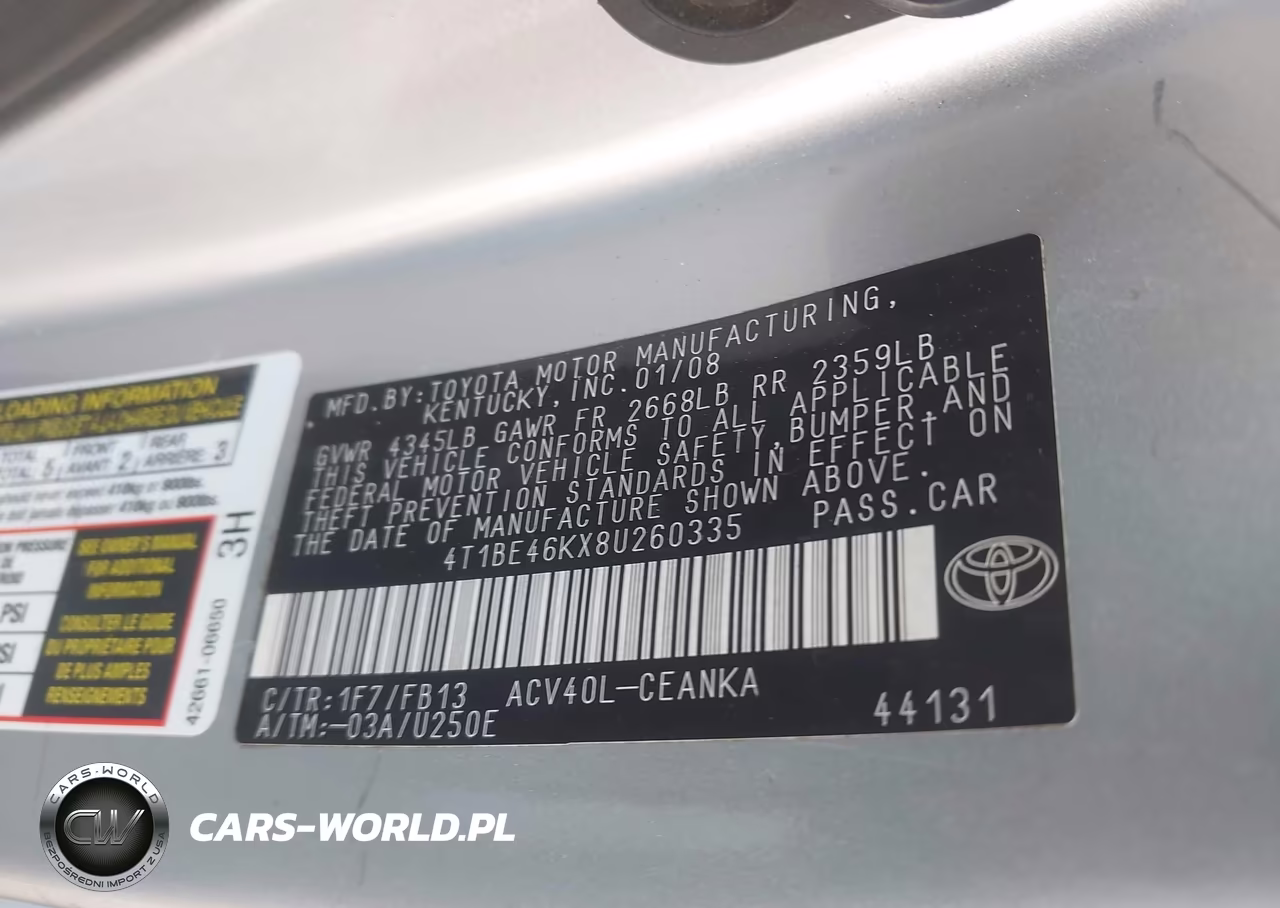 2008 Toyota Camry VIN:4T1BE46KX8U260335 - 9