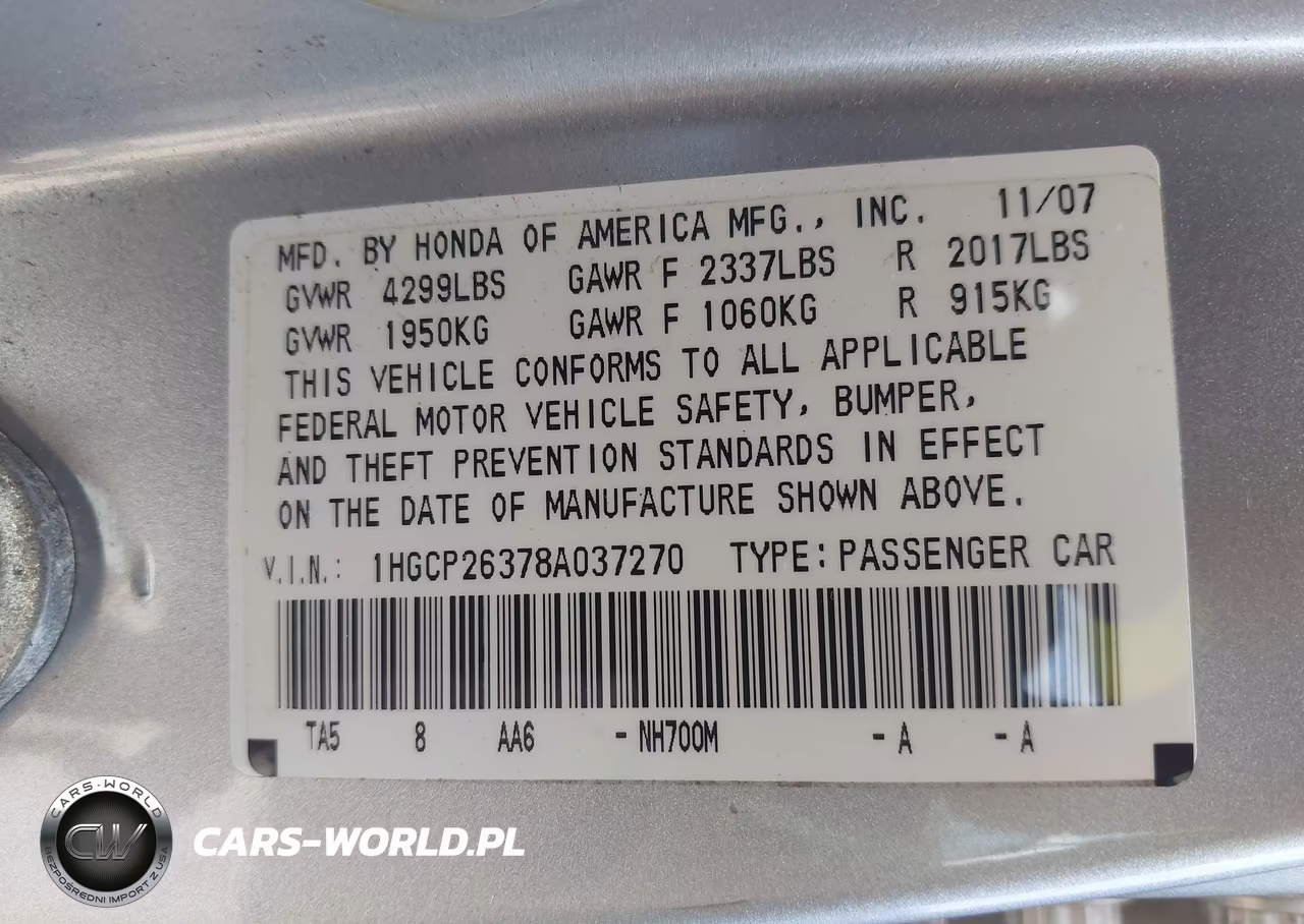 2008 Honda Accord 2.4 Lx VIN:1HGCP26378A037270 - 9