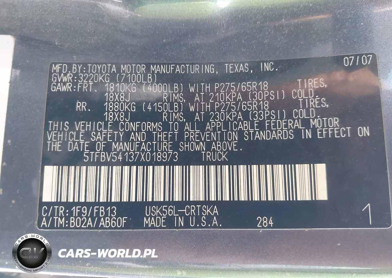 2007 Toyota Tundra Sr5 5.7L V8 VIN:5TFBV54137X018973 - 9