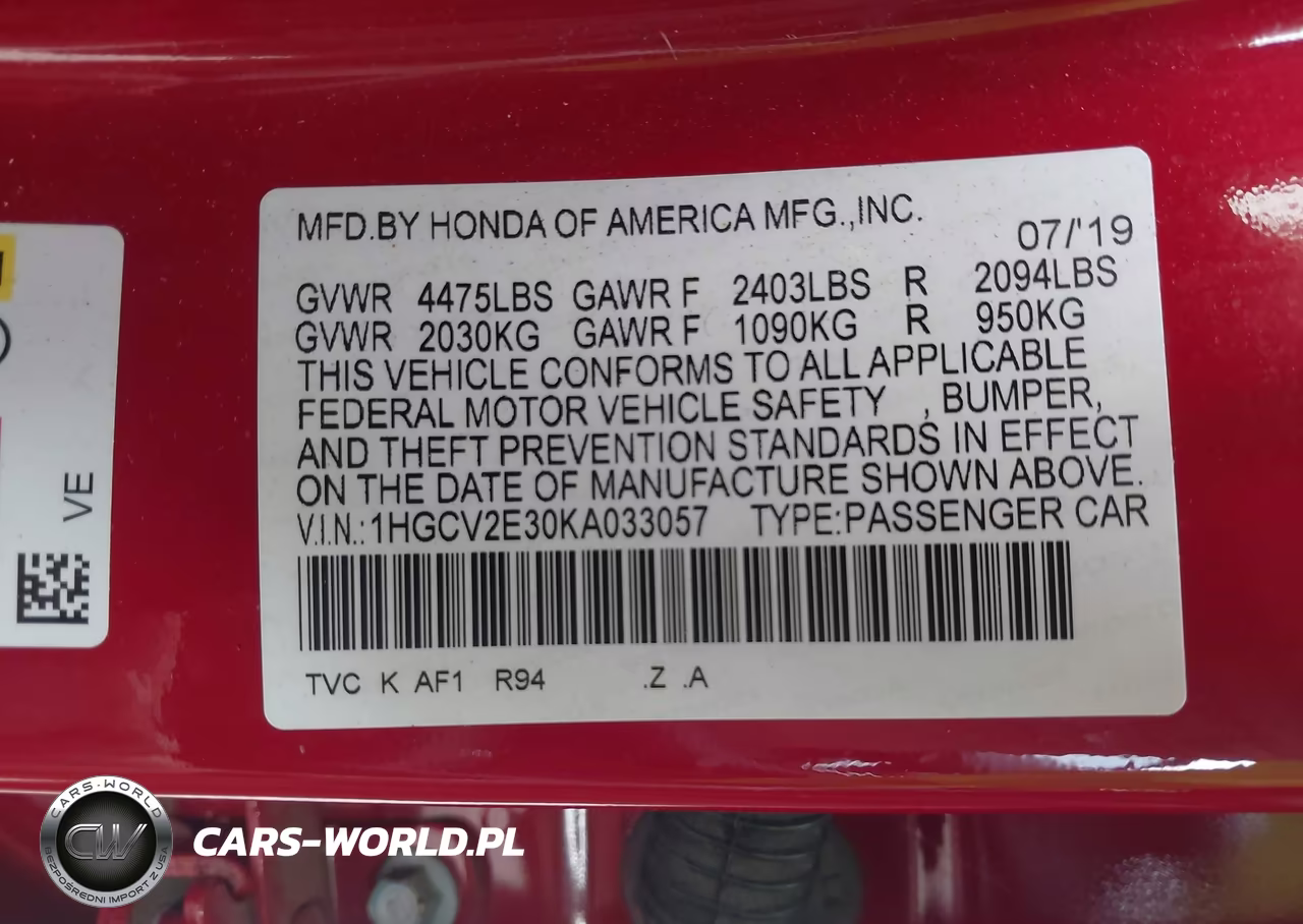 2019 Honda Accord Sport 2.0T VIN:1HGCV2E30KA033057 - 9
