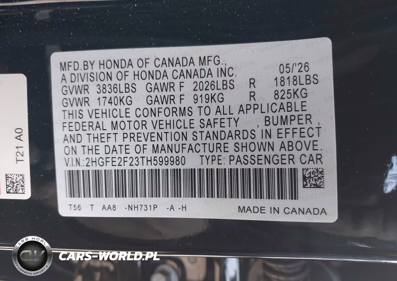 2026 Honda Civic Lx VIN:2HGFE2F23TH599980 - 9