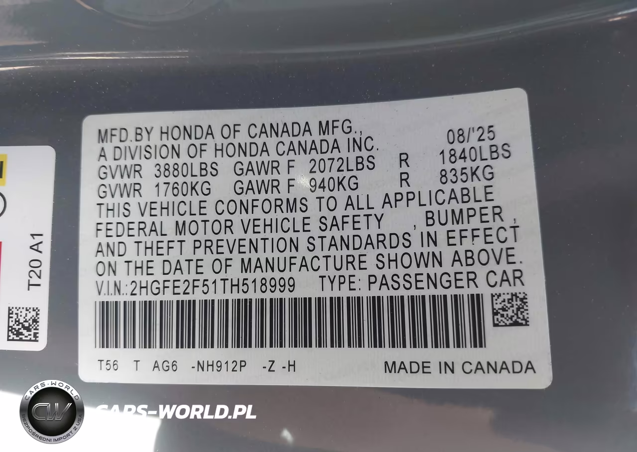 2026 Honda Civic Sport VIN:2HGFE2F51TH518999 - 9