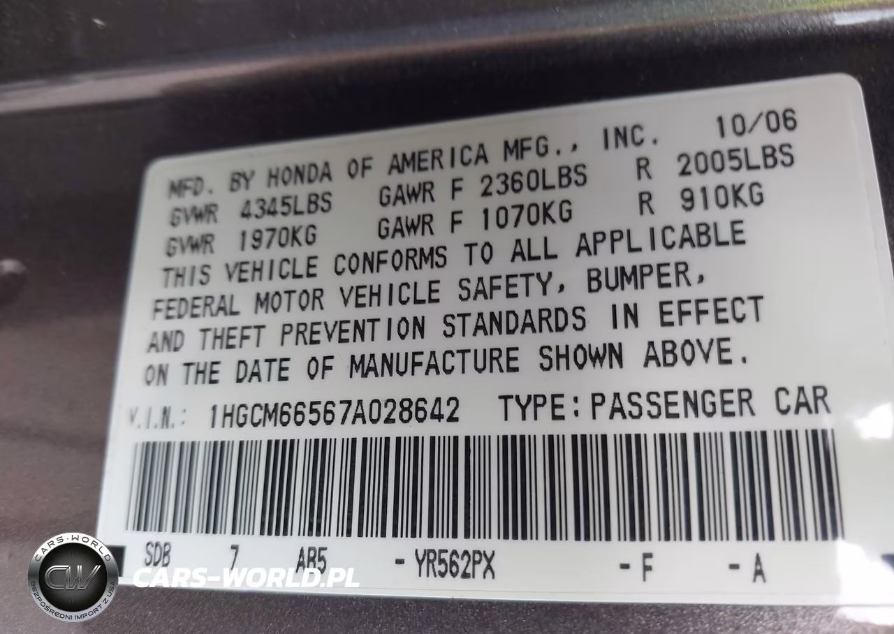 2007 Honda Accord 3.0 Ex VIN:1HGCM66567A028642 - 9