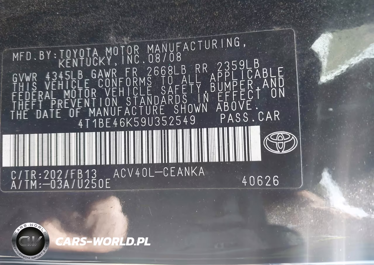 2009 Toyota Camry VIN:4T1BE46K59U352549 - 9