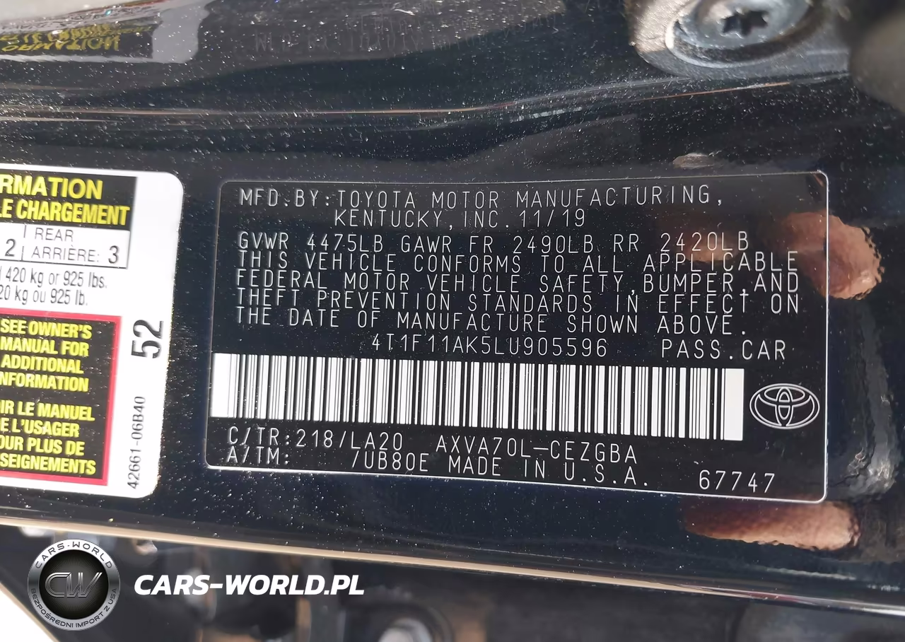 2020 Toyota Camry Xle VIN:4T1F11AK5LU905596 - 9