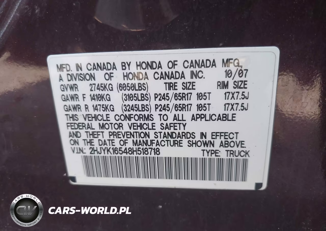 2008 Honda Ridgeline Rtl VIN:2HJYK16548H518718 - 9