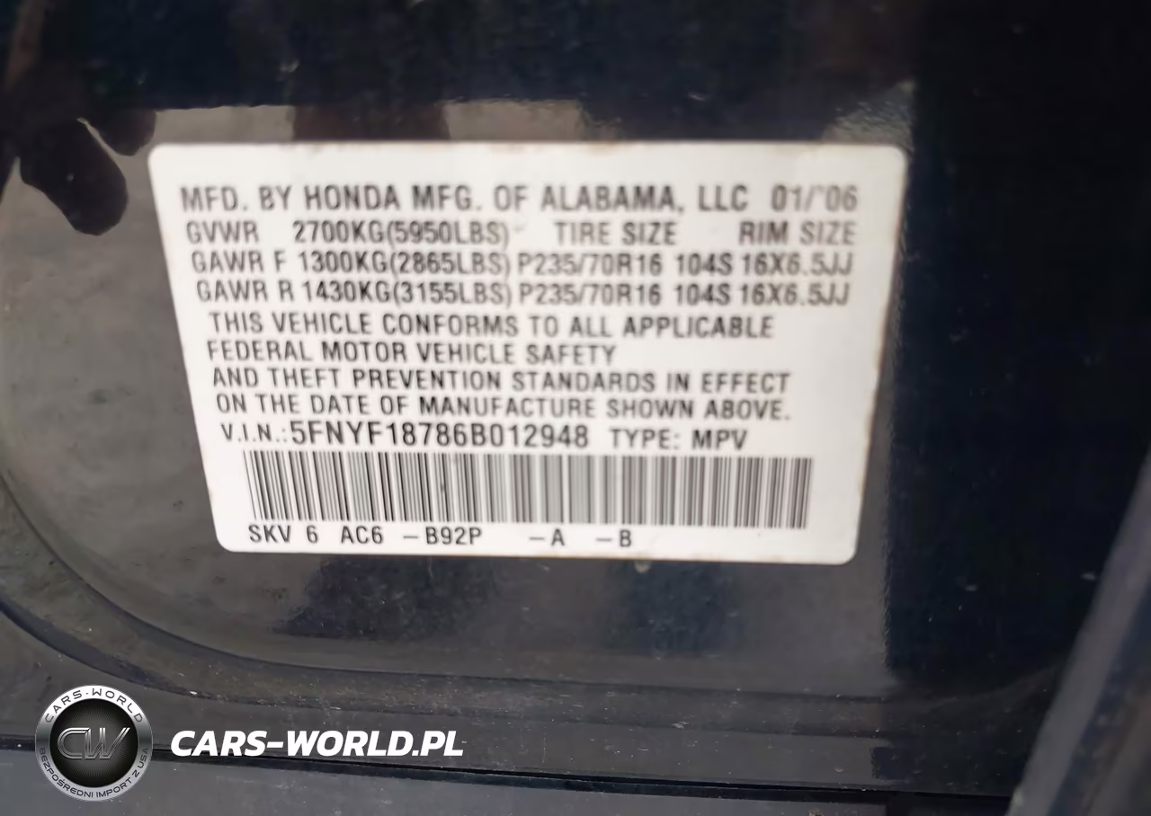 2006 Honda Pilot Ex-L VIN:5FNYF18786B012948 - 9