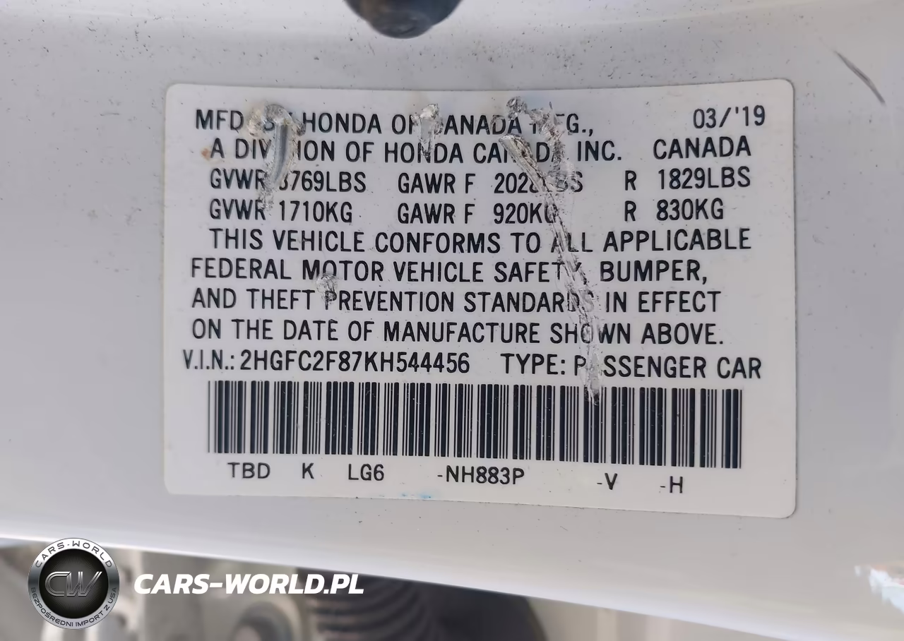 2019 Honda Civic Sport VIN:2HGFC2F87KH544456 - 9