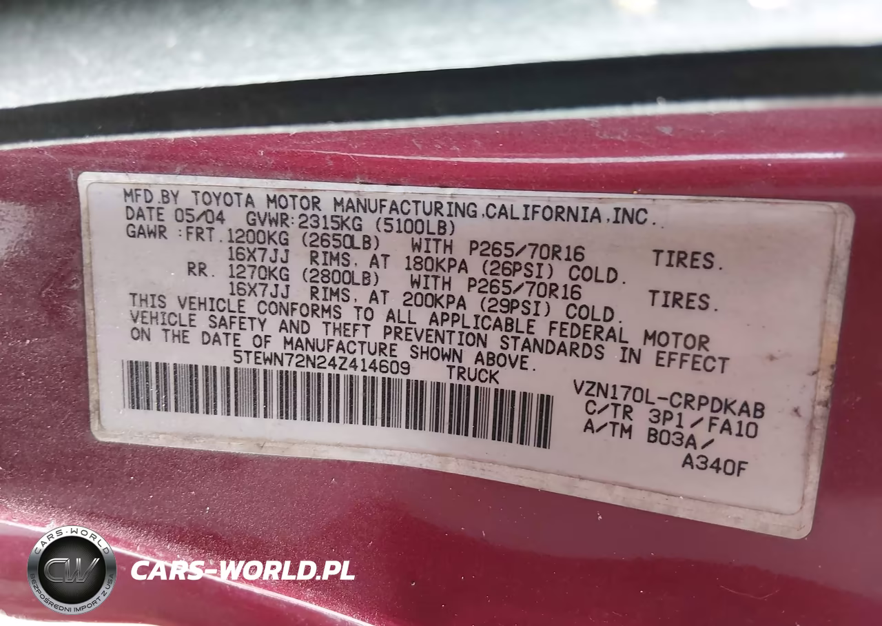 2004 Toyota Tacoma Base V6 VIN:5TEWN72N24Z414609 - 9