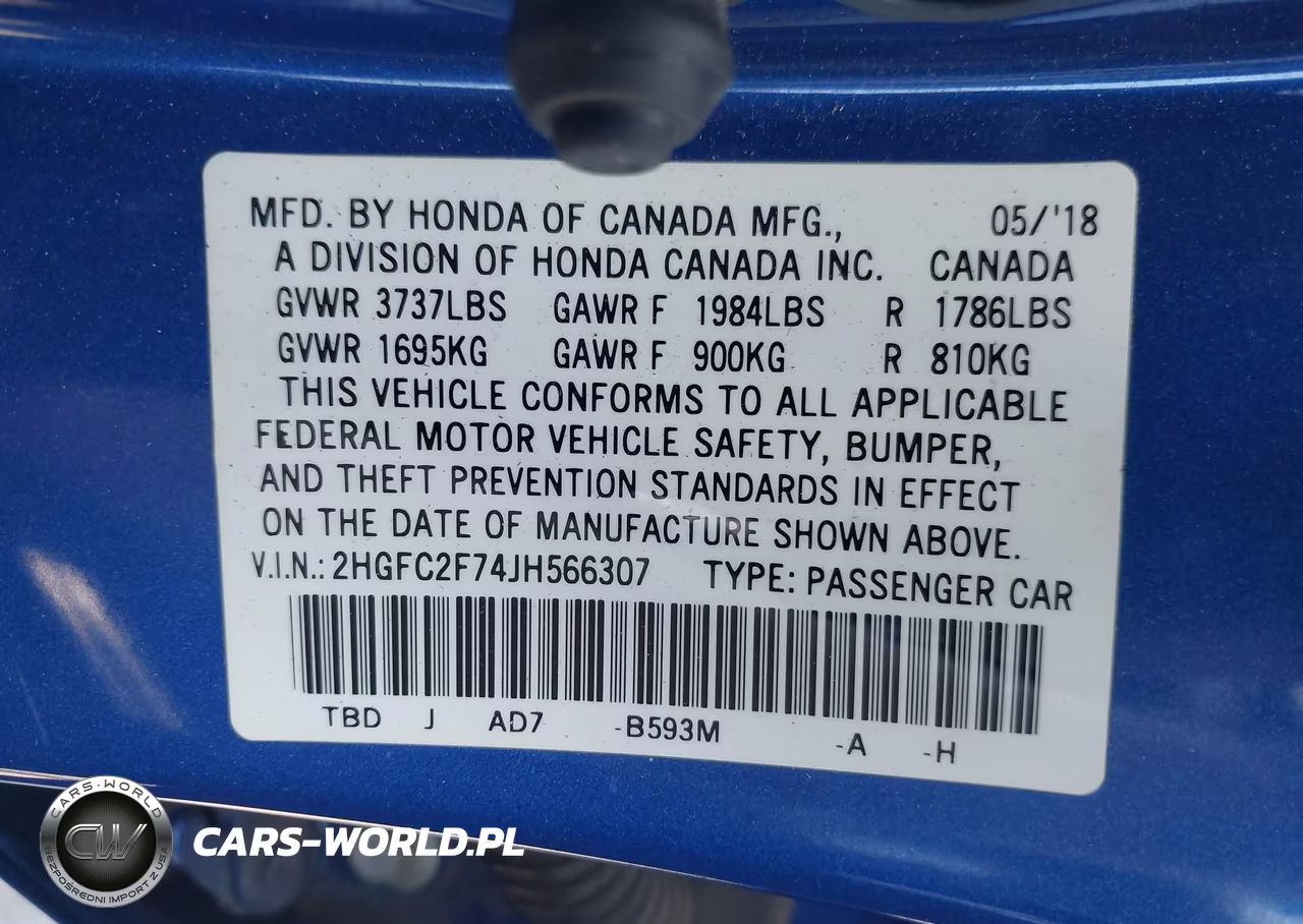 2018 Honda Civic Ex VIN:2HGFC2F74JH566307 - 9