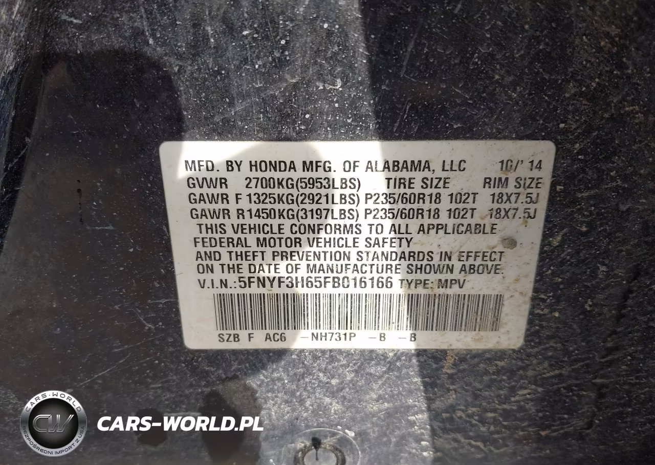 2015 Honda Pilot Ex-L VIN:5FNYF3H65FB016166 - 9