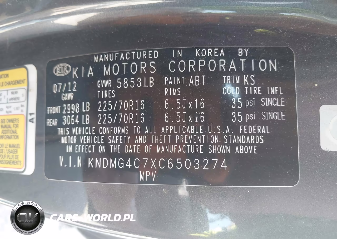 2012 Kia Sedona Lx VIN:KNDMG4C7XC6503274 - 9