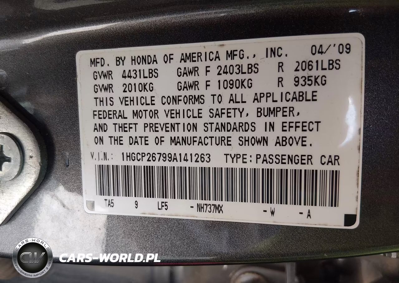 2009 Honda Accord 2.4 Ex VIN:1HGCP26799A141263 - 9