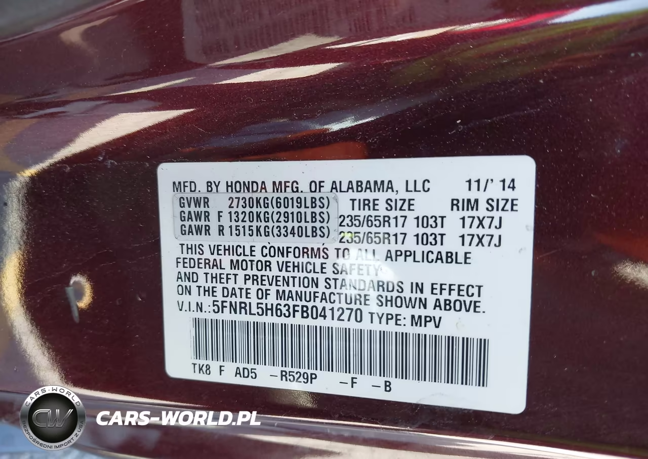 HONDA ODYSSEY EX VIN:5FNRL5H63FB041270 - 9
