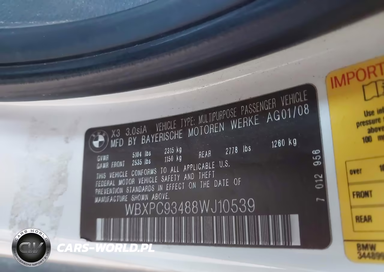 2008 BMW X3 3.0Si VIN:WBXPC93488WJ10539 - 9