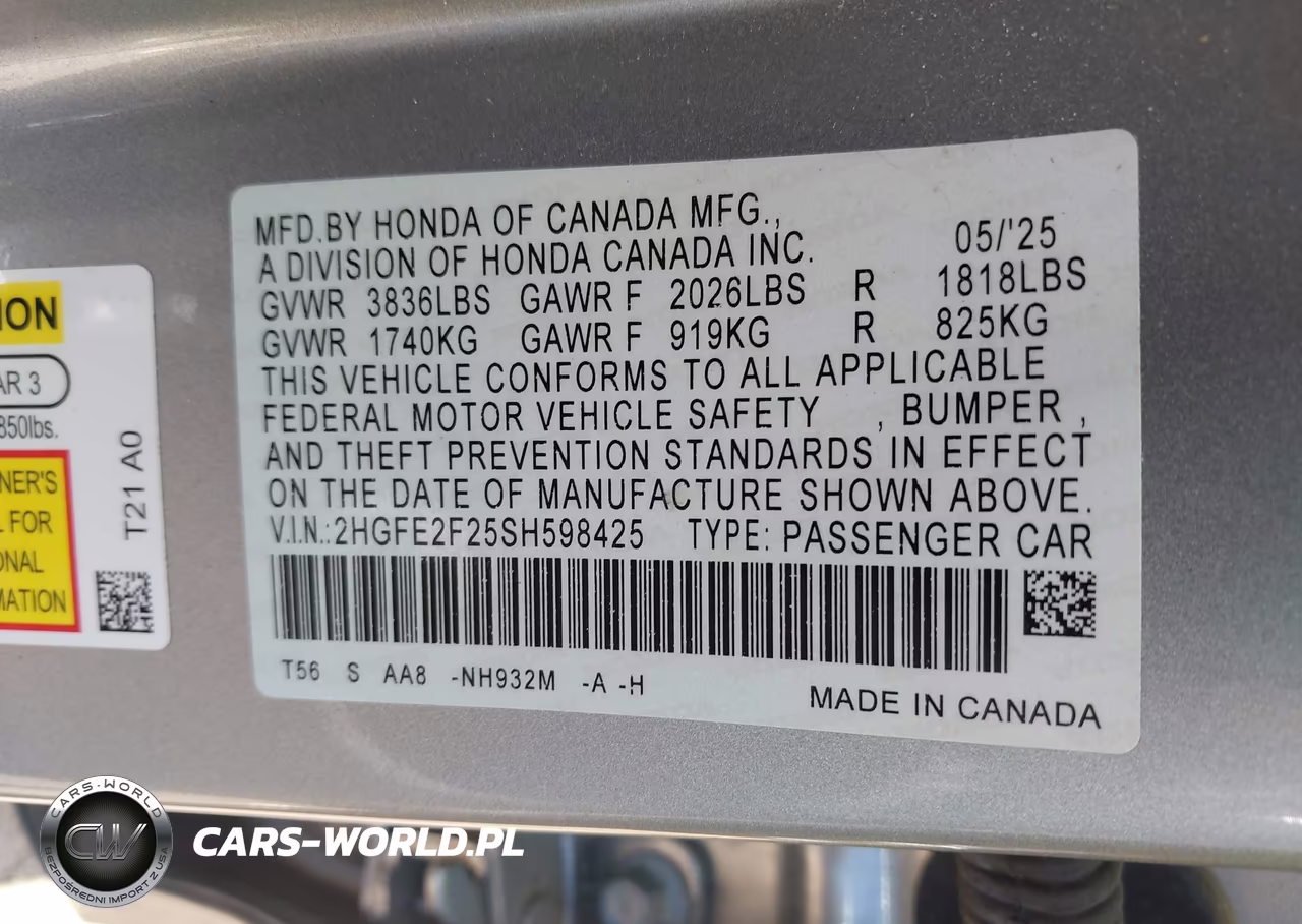 2025 Honda Civic Lx VIN:2HGFE2F25SH598425 - 9