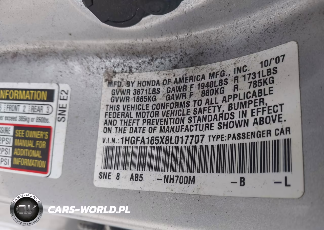 2008 Honda Civic Lx VIN:1HGFA165X8L017707 - 9
