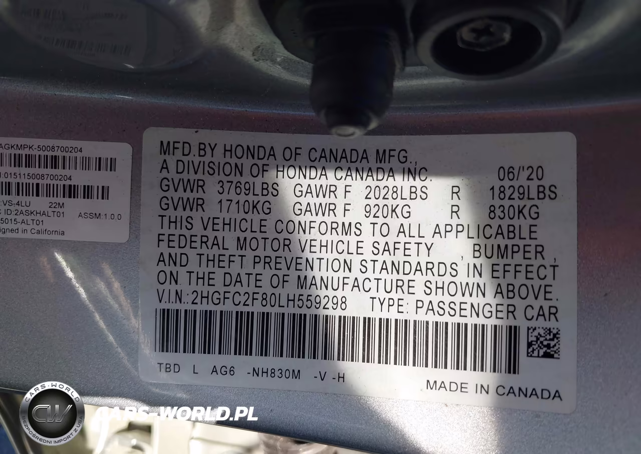 2020 Honda Civic Sport VIN:2HGFC2F80LH559298 - 9
