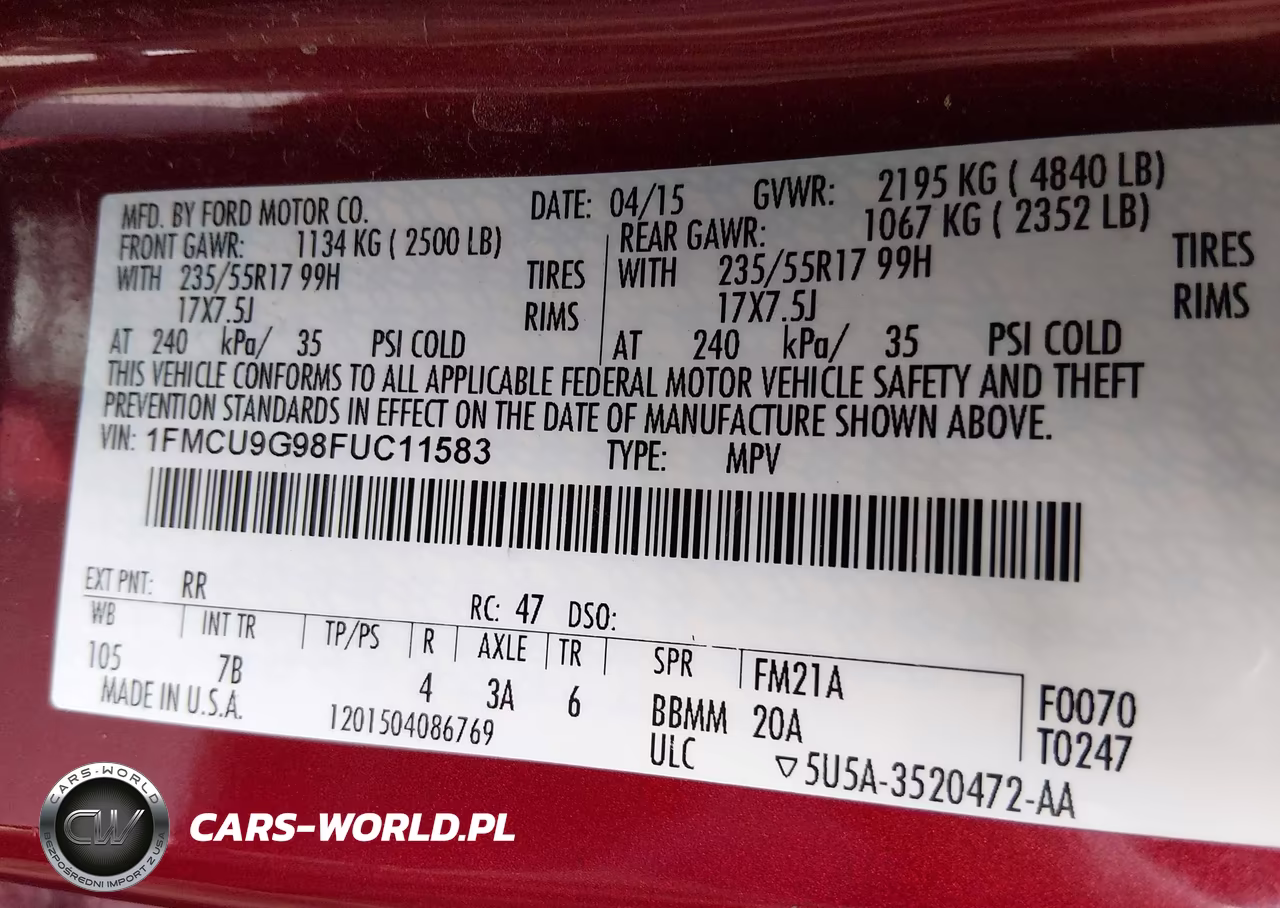 2015 Ford Escape Se VIN:1FMCU9G98FUC11583 - 9