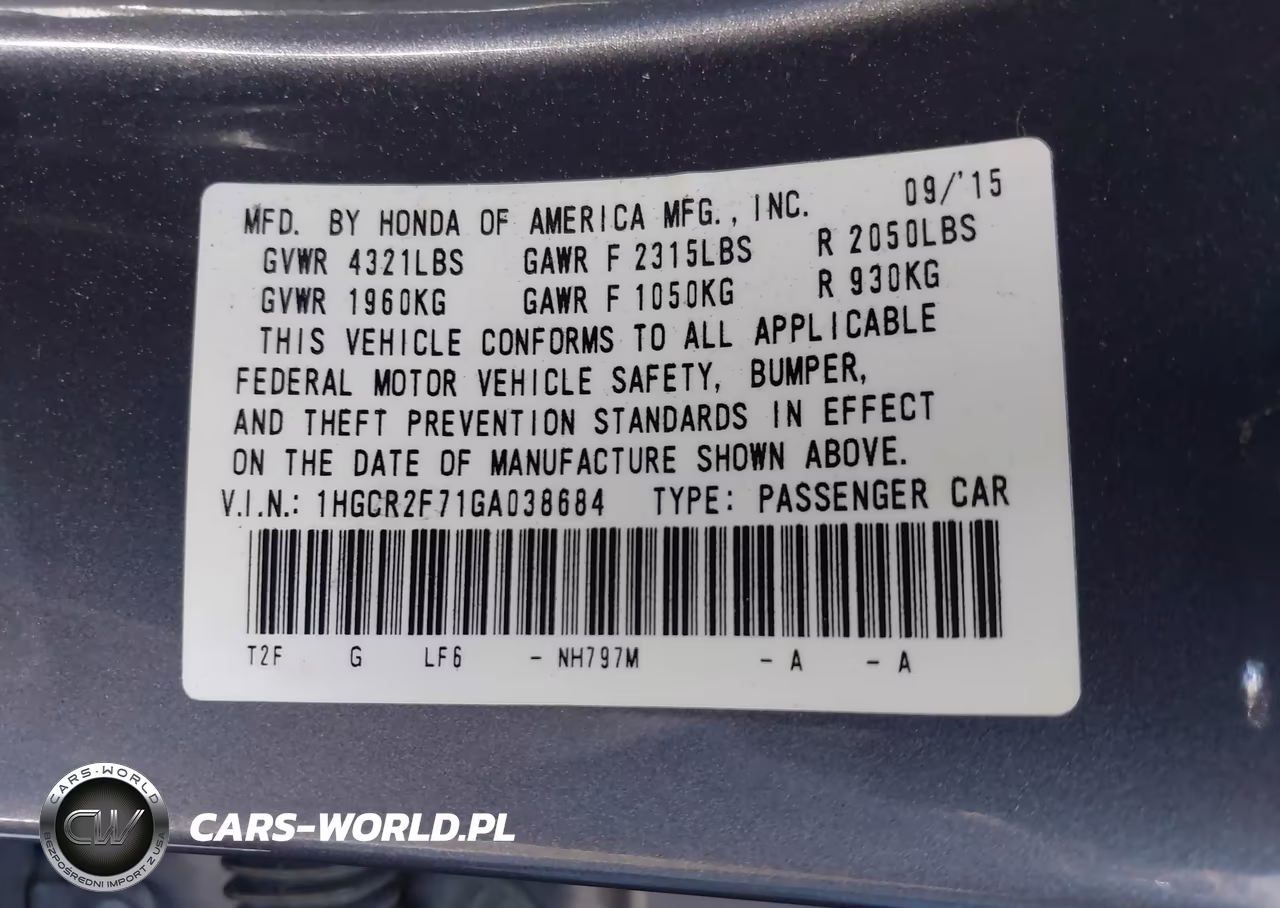 2016 Honda Accord Ex VIN:1HGCR2F71GA038684 - 9