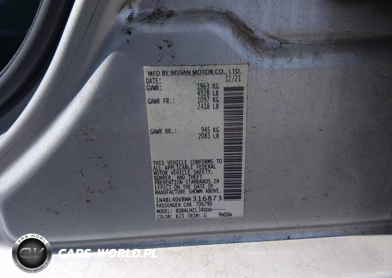 2022 Nissan Altima Sv Fwd VIN:1N4BL4DV8NN316873 - 9