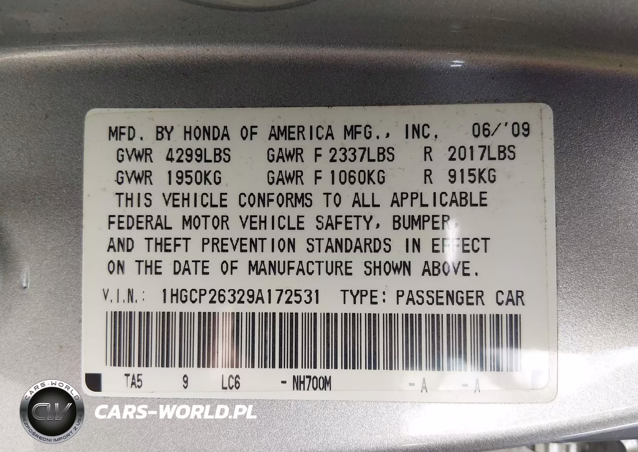 2009 Honda Accord 2.4 Lx VIN:1HGCP26329A172531 - 9