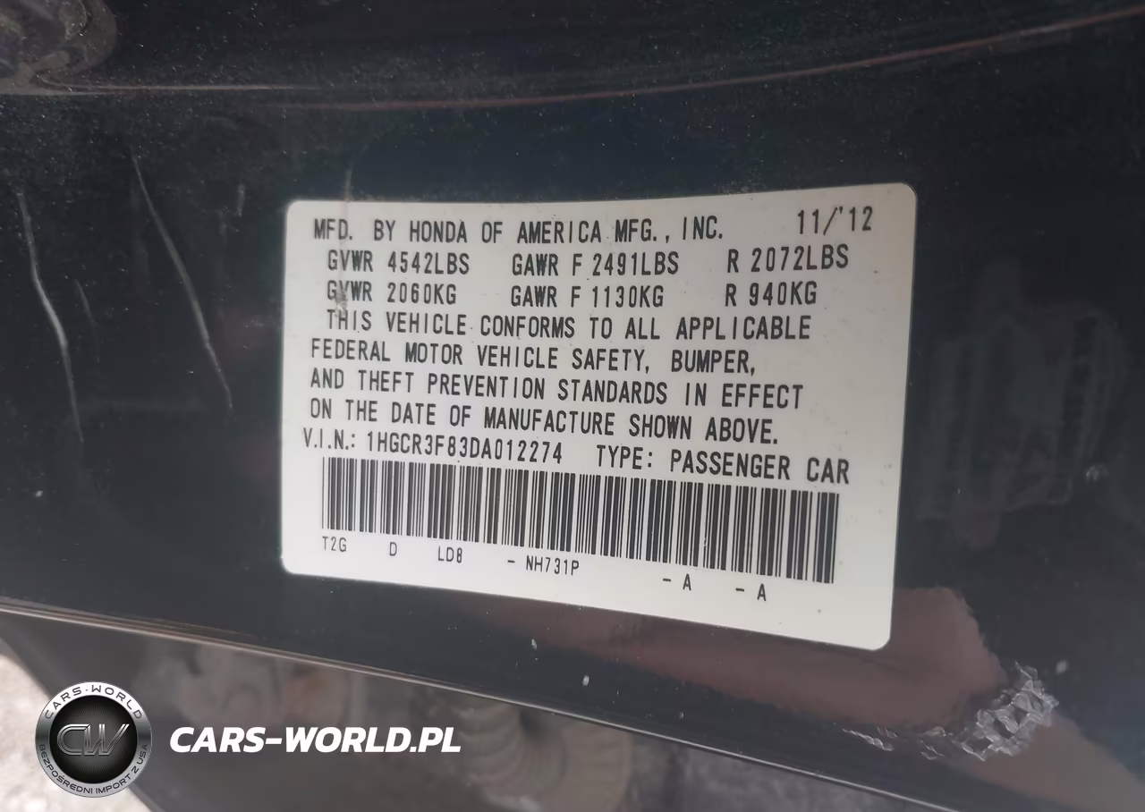 2013 Honda Accord Ex-L V-6 VIN:1HGCR3F83DA012274 - 9