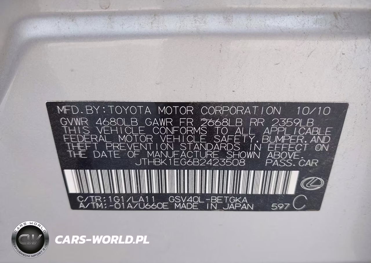 2011 Lexus Es 350 VIN:JTHBK1EG6B2423508 - 9