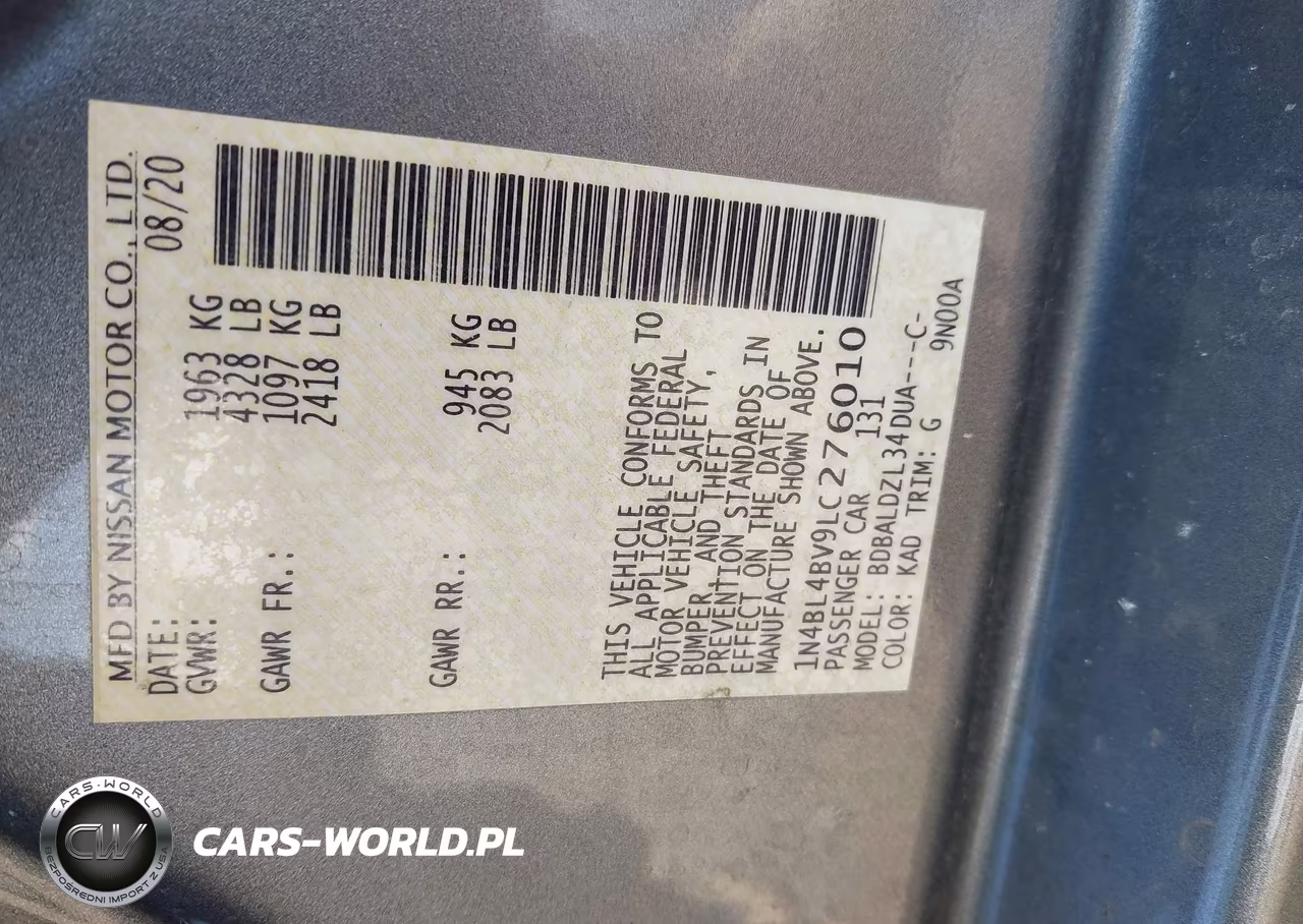 2020 Nissan Altima S Fwd VIN:1N4BL4BV9LC276010 - 9