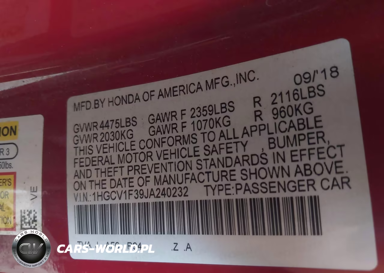 2018 Honda Accord Sport VIN:1HGCV1F39JA240232 - 9