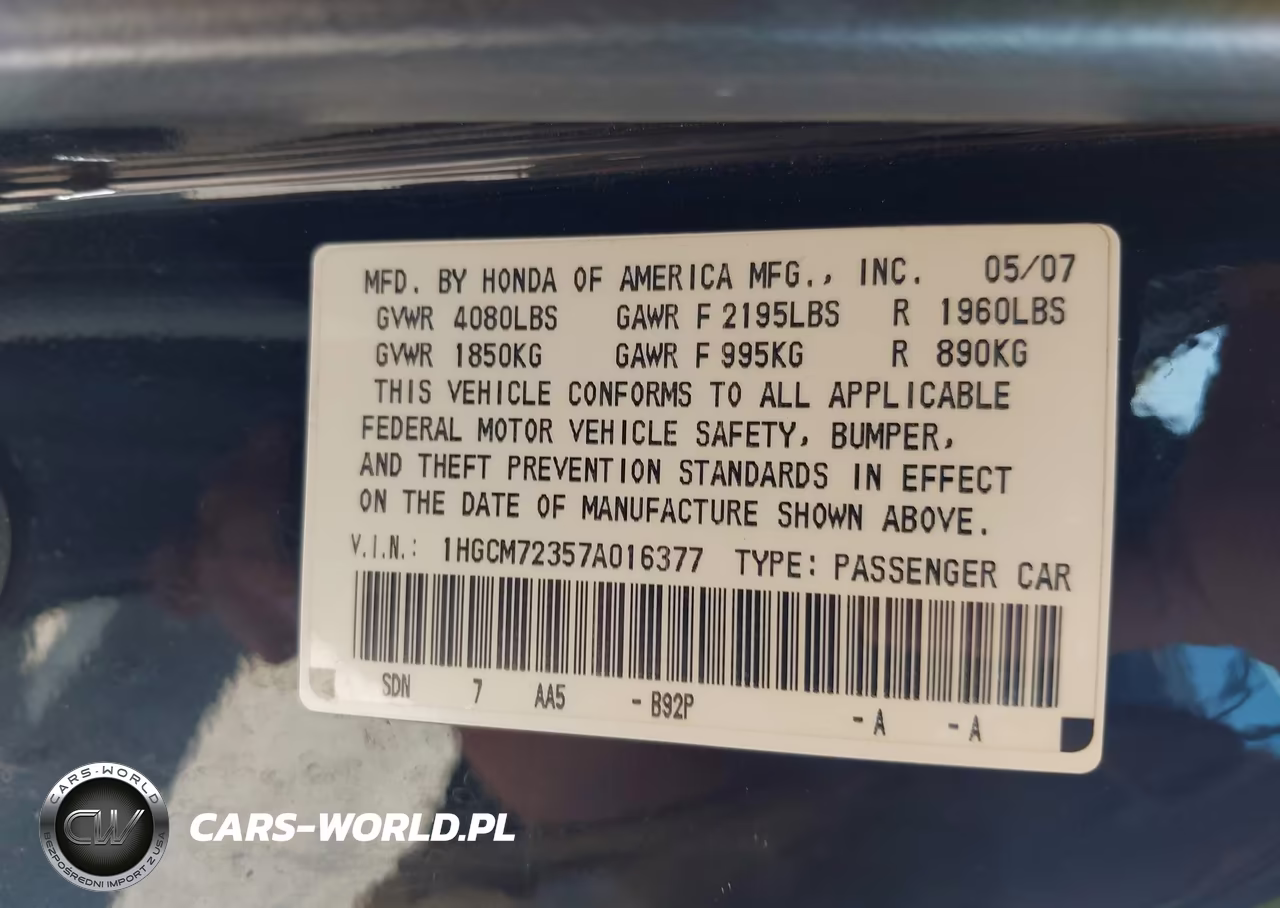 2007 Honda Accord 2.4 Lx VIN:1HGCM72357A016377 - 9