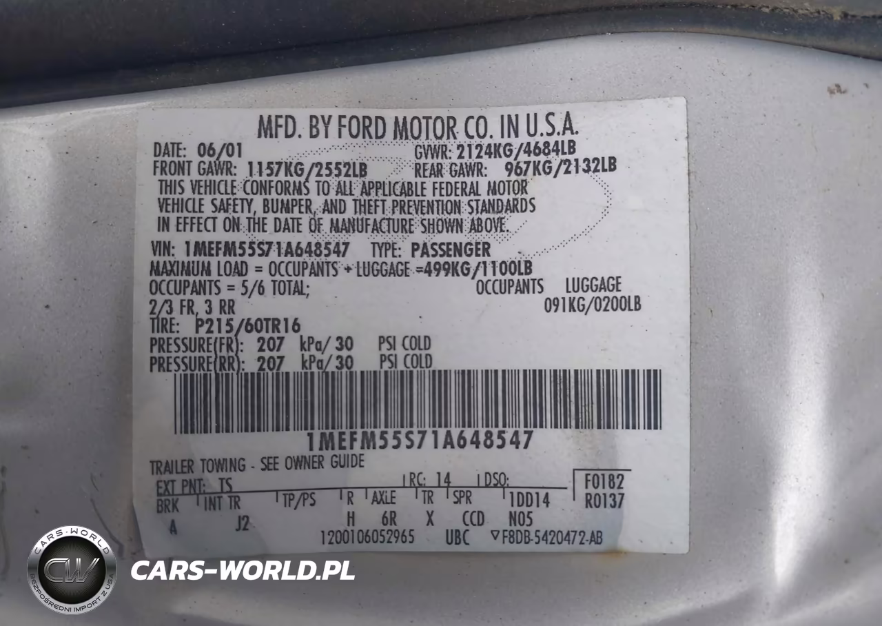 2001 Mercury Sable Ls Premium VIN:1MEFM55S71A648547 - 9