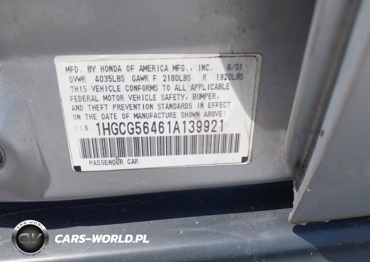 2001 Honda Accord 2.3 Lx VIN:1HGCG56461A139921 - 9