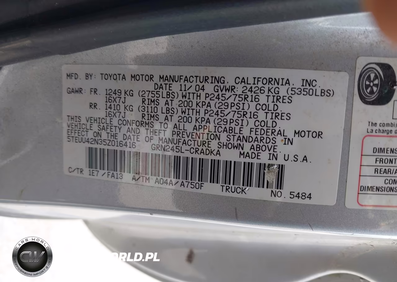 2005 Toyota Tacoma Base V6 VIN:5TEUU42N35Z016416 - 9