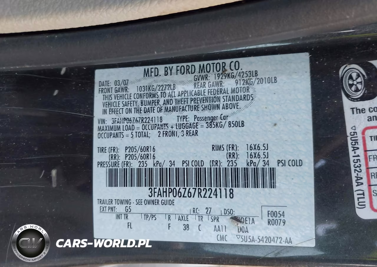 2007 Ford Fusion S VIN:3FAHP06Z67R224118 - 9