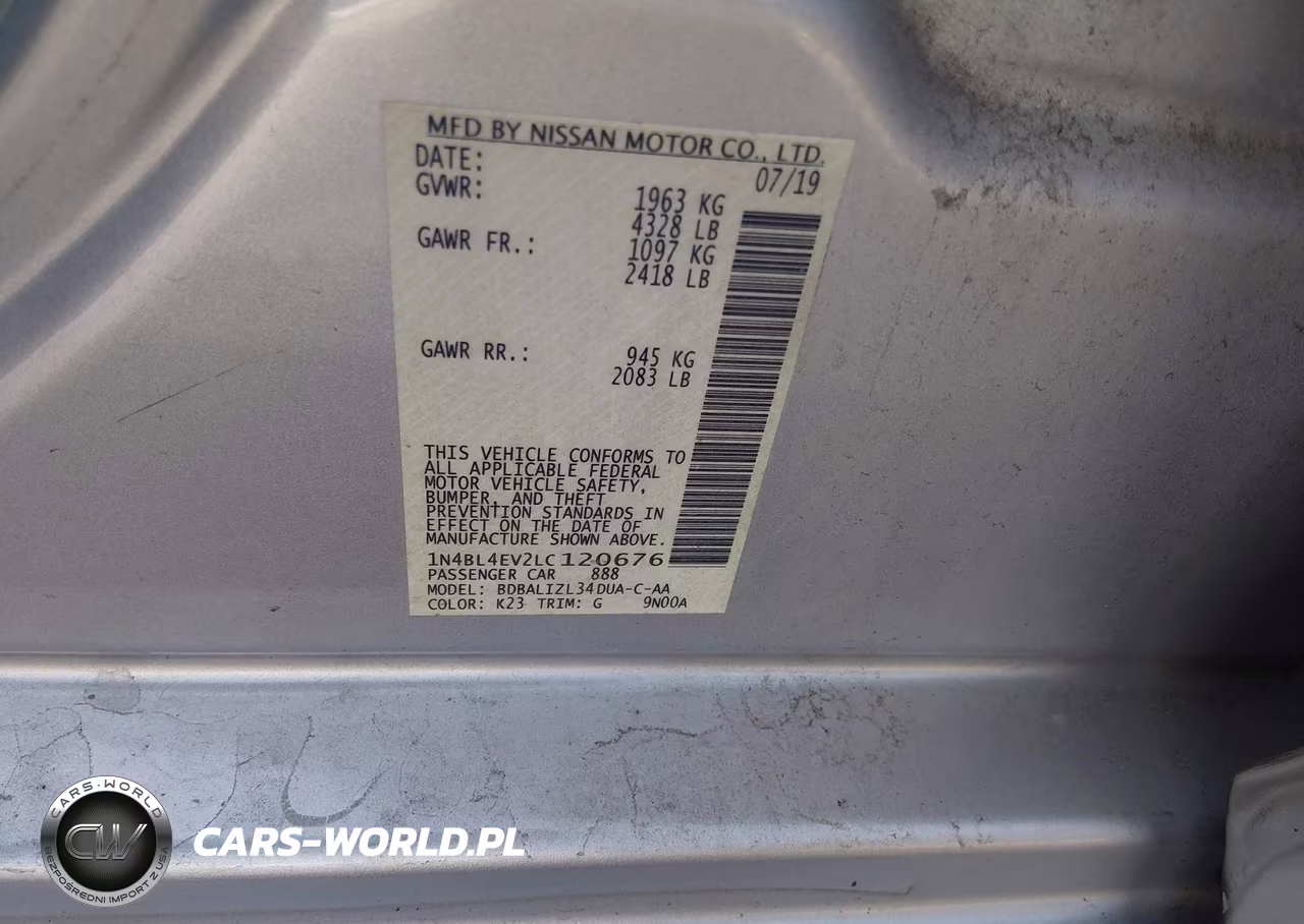 2020 Nissan Altima Sl Fwd VIN:1N4BL4EV2LC120676 - 9