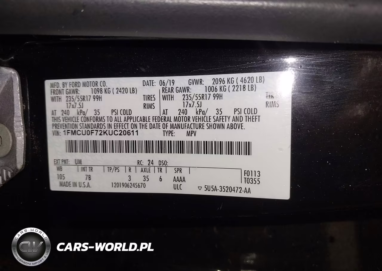 2019 Ford Escape S VIN:1FMCU0F72KUC20611 - 9