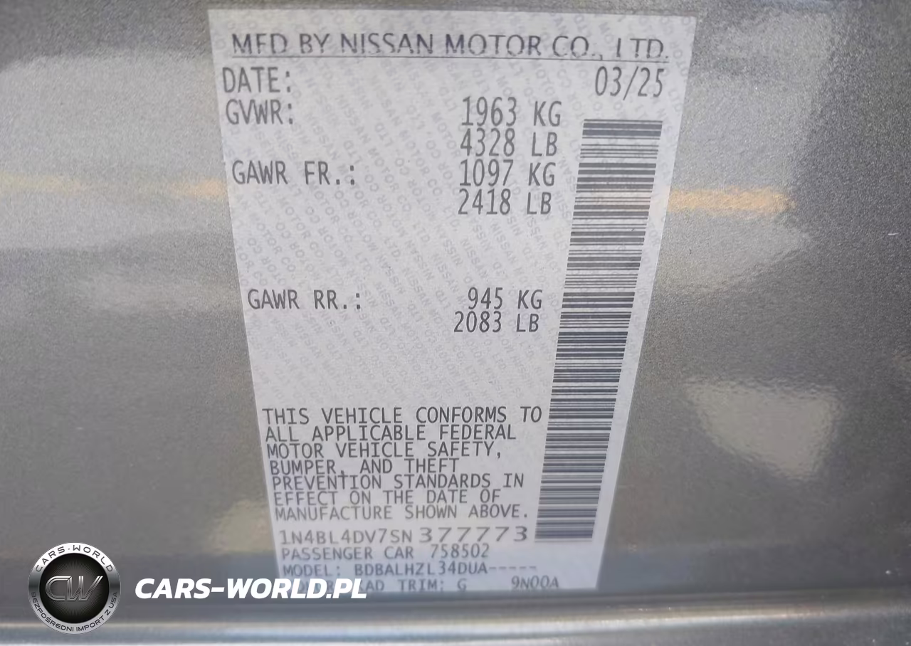 2025 Nissan Altima Sv Fwd VIN:1N4BL4DV7SN377773 - 9