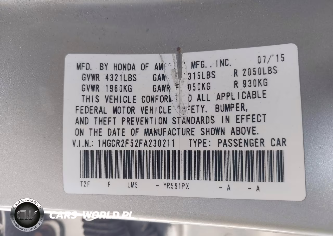 2015 Honda Accord Sport VIN:1HGCR2F52FA230211 - 9