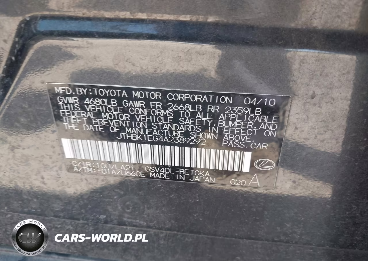 2010 Lexus Es 350 VIN:JTHBK1EG4A2389292 - 9