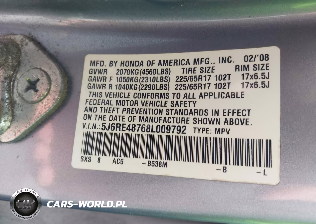 2008 Honda Cr-V Ex-L VIN:5J6RE48768L009792 - 9