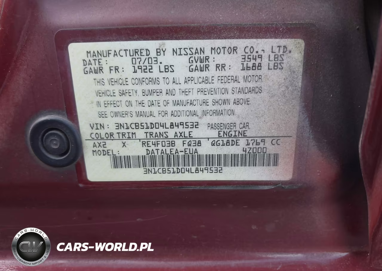 2004 Nissan Sentra 1.8S VIN:3N1CB51D04L849532 - 9