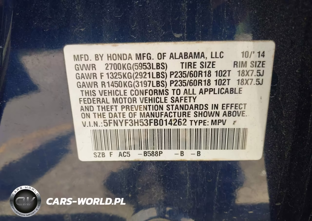 2015 Honda Pilot Ex-L VIN:5FNYF3H53FB014262 - 9