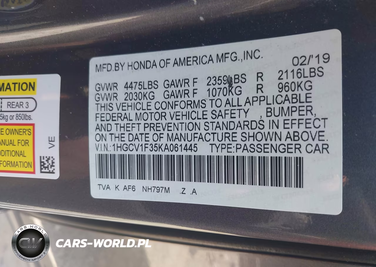 2019 Honda Accord Sport VIN:1HGCV1F35KA061445 - 9