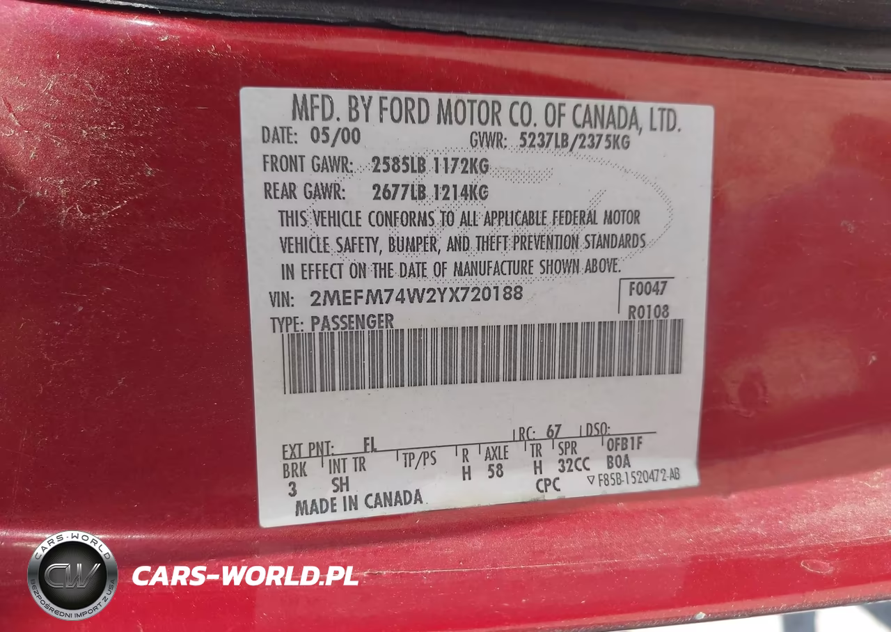 2000 Mercury Grand Marquis Gs VIN:2MEFM74W2YX720188 - 9