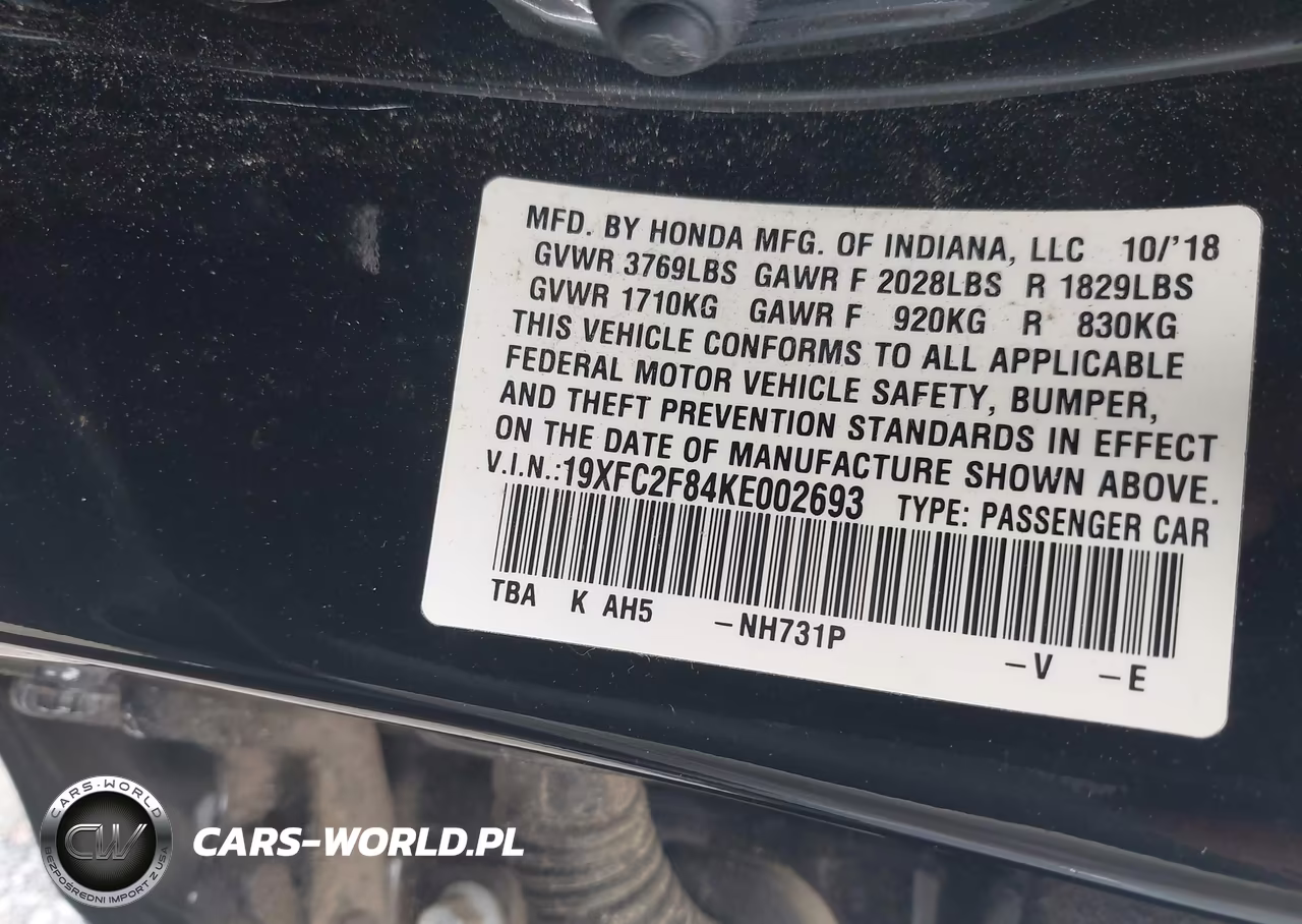 2019 Honda Civic Sport VIN:19XFC2F84KE002693 - 9