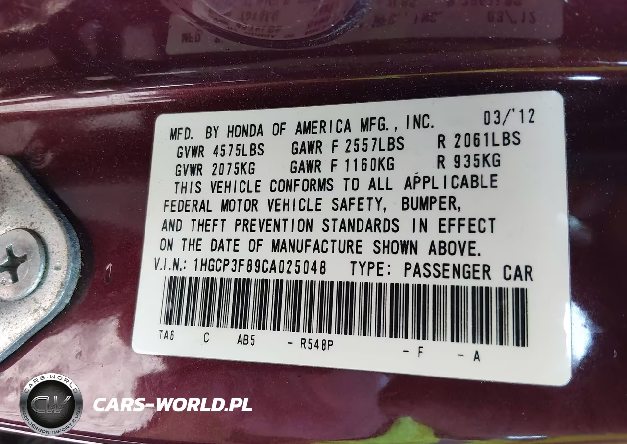 2012 Honda Accord 3.5 Ex-L VIN:1HGCP3F89CA025048 - 9